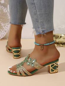 Rhinestone Flower Chunky Heel Slide Sandals, Open Toe Outdoor Casual Shoes, Banquet Wedding Dress Shoes, Plus Size Women's Shoes,Block Heels - Green - View 5