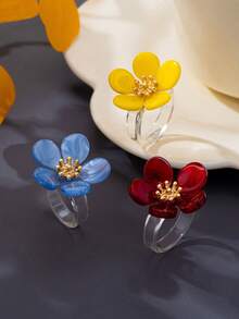 1pc/3pcs Dopamine Multi-Color Flower Transparent Resin Ring, Niche Design Acrylic 3D Petal Open Band Ring, Women's Vacation Style Versatile Hand Accessory - Flower Ring - View 4