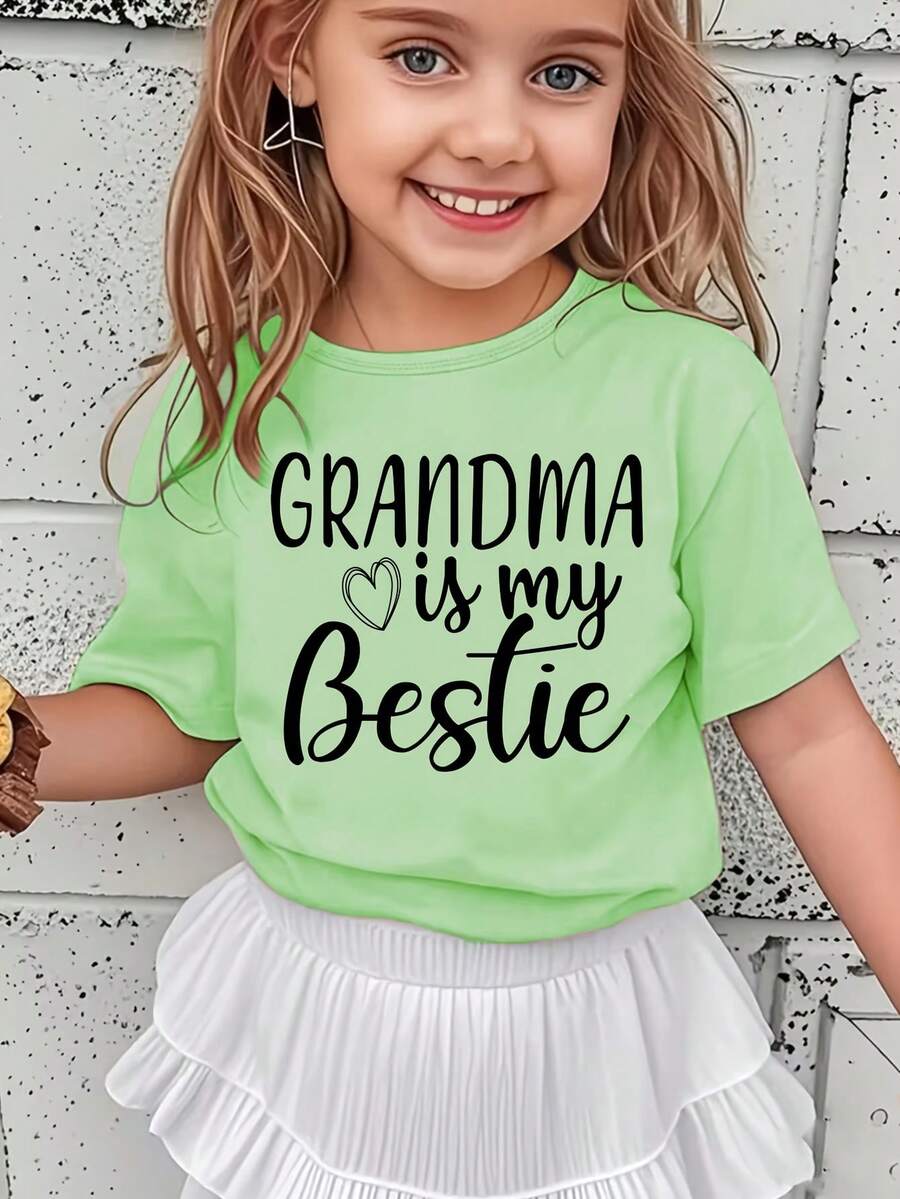 Versatile And Modern Casual T-Shirt For Girls With A Print Of The Phrase "My Grandmother Is My Best Friend". - 綠色 - 查看 1