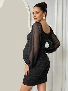 Maternity Metallic Lantern Sleeve Ruched Fitted Dress Black - Black - View 6