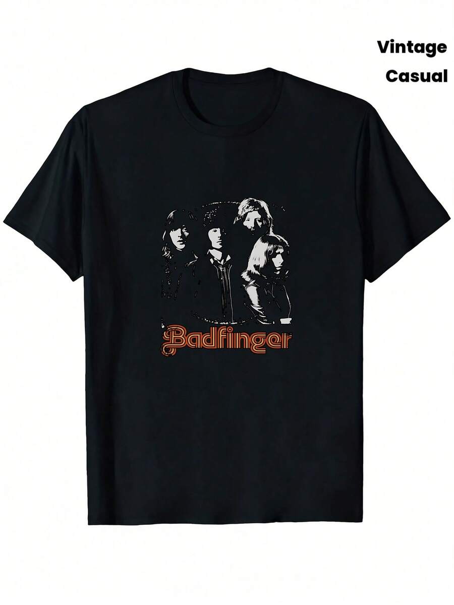 Vintage Badfinger Band T-Shirt - Unisex Thick Cotton T-Shirt With Iconic Logo And Member Portraits, 60s And 70s Rock Music Merchandise, Casual Sleeve T-Shirt - 黑色 - 查看 1