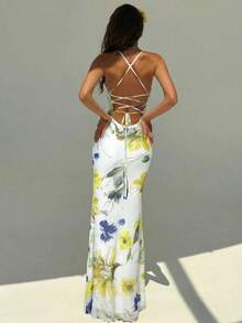 Elegant Women's Dress With Floral Print And Open Back, Summer Clothes, Beach Outfits For Women, Beach Vacation Clothes, Party Outfits, Bridesmaids - 青檸色 - 查看 2