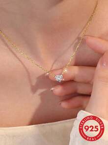 BALMORA 1pc 925 Sterling Silver Elegant Fashion Shiny Cute Heart-Shaped Square Cubic Zirconia Pendant Necklace For Women, Valentine's Day, Party, Daily Wear Jewelry Gift - Gold - View 2