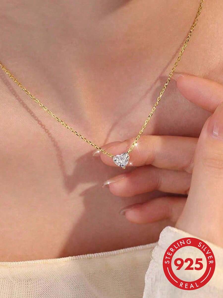 BALMORA 1pc 925 Sterling Silver Elegant Fashion Shiny Cute Heart-Shaped Square Cubic Zirconia Pendant Necklace For Women, Valentine's Day, Party, Daily Wear Jewelry Gift