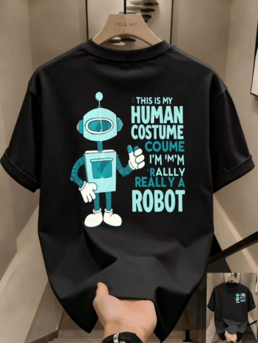 Camiseta de algodón% pura de manga corta para hombres, camiseta de algodón pura impresa de manga corta, transpirable, versátil, jeans, camisetas súper prácticas para hombres - Negro - Ver 1