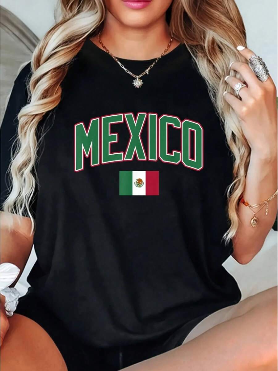 Camiseta de Mujer con Estampado de la Bandera de México - Poliéster Suave, Manga Corta, Cuello Redondo, Camiseta Casual de Verano con Estampado "MEXICO" - Negro - Ver 1