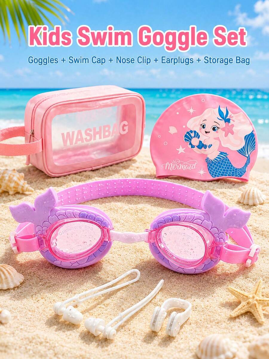 Children's Swimming Goggles Set (Nose Clip + Ear Plugs + Storage Bag + Swim Cap + Goggles) Suitable For 3-14 Years Old Children, First Day Of School - Mauve Purple - View 1