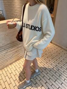Women's Plus Size Round Neck Letter Jacquard Knit Sweater, Drop Shoulder Long Sleeve Loose Casual Pullover - Black and White - View 3
