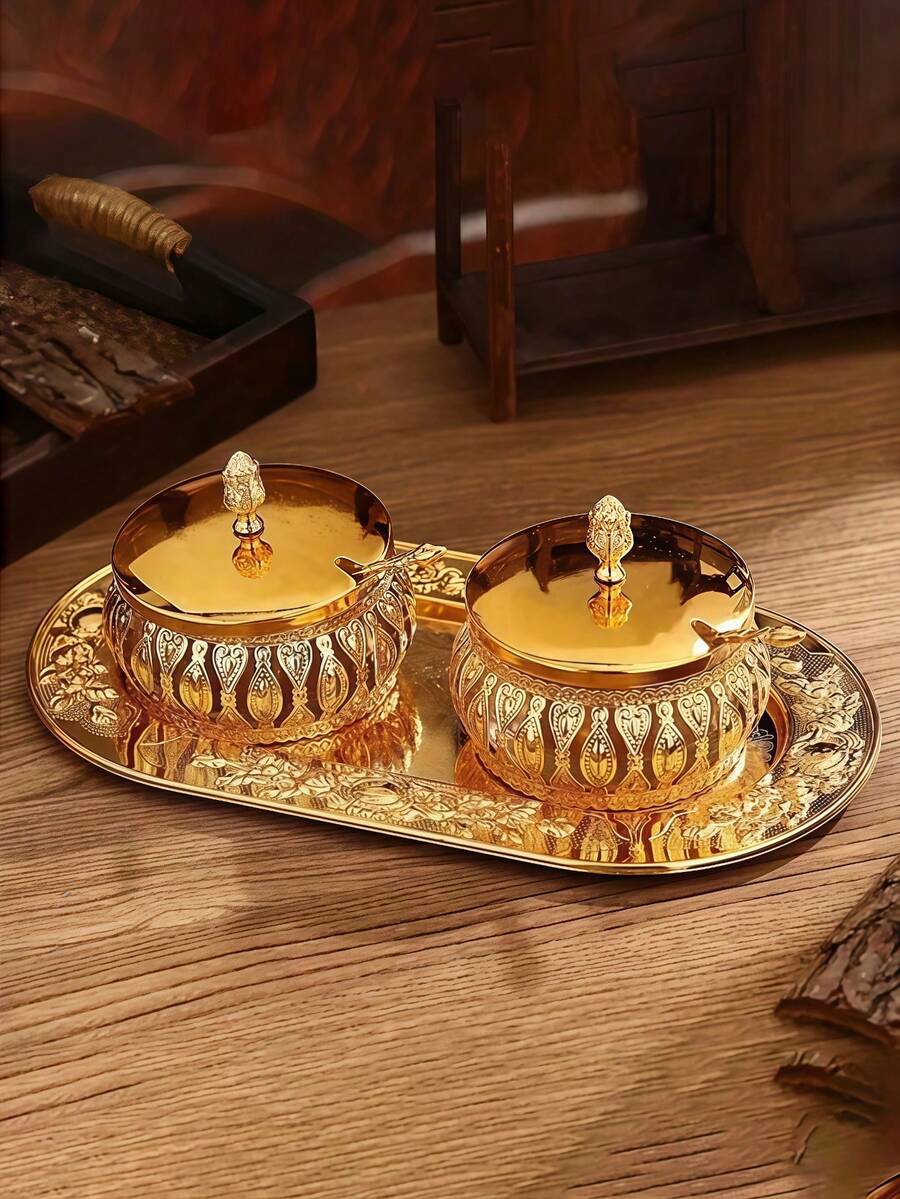 1pc European Style Glass Airtight Storage Jar, Perfect For Storing Sugar, Tea, Spices And Snacks In Kitchen, Elegant Iron Design, Suitable For Home And Office Decor - Gold - View 1