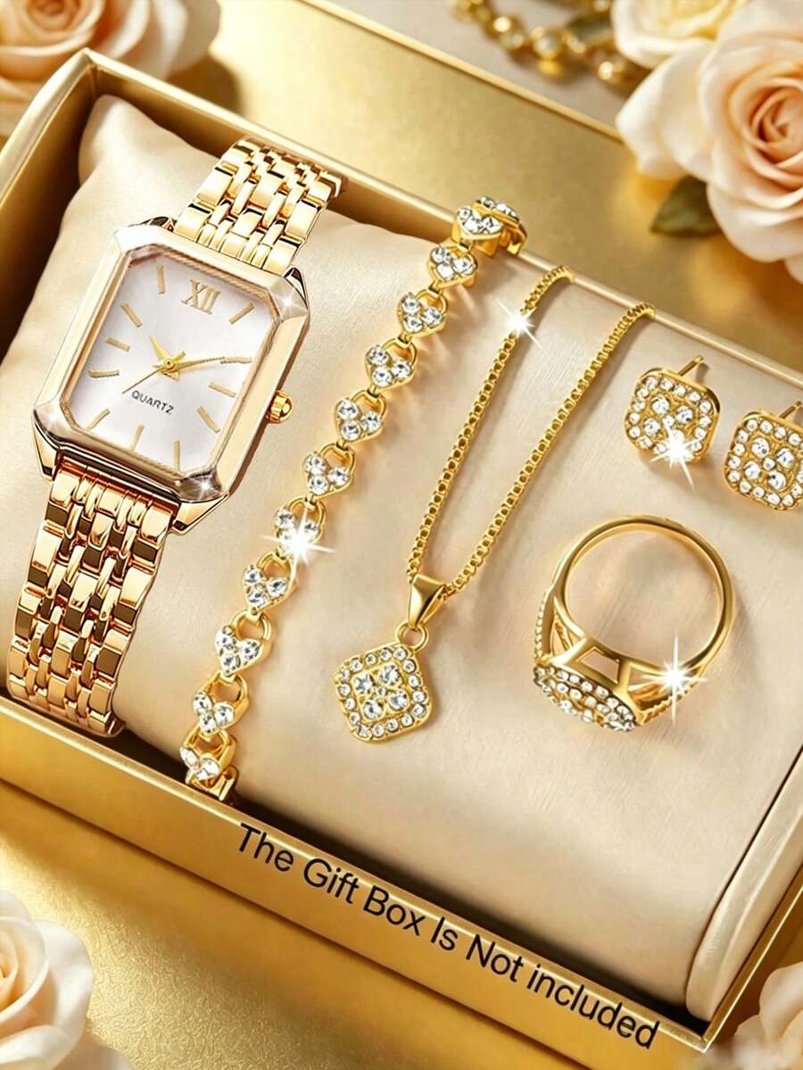 6件組女款金色優雅手錶套裝,白色錶盤方形不鏽鋼錶帶極簡小手錶,搭配心形水鑽手鍊、方形項鍊、全水鑽耳環與戒指,精緻手部與頸部珠寶全套,適合畢業禮、女性生日禮物,輕奢女款禮品 - 金色 - 查看 1