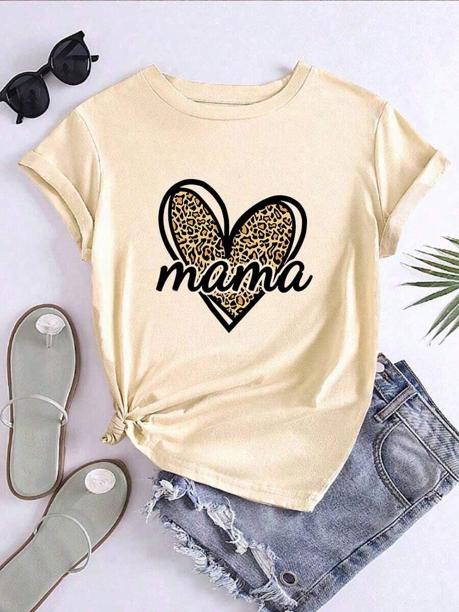 NewSummerCasual Women's Loose Casual Crew Neck T-Shirt With Mom And Heart Graphic Print - Vintage Street Style Unisex Loose Cotton Short Sleeve Crew Neck T-Shirt - 杏色 - 查看 1
