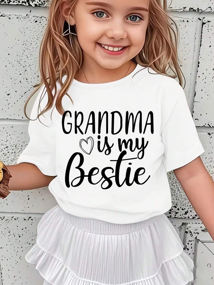 Versatile And Modern Casual T-Shirt For Girls With A Print Of The Phrase "My Grandmother Is My Best Friend". - 白色 - 查看 1