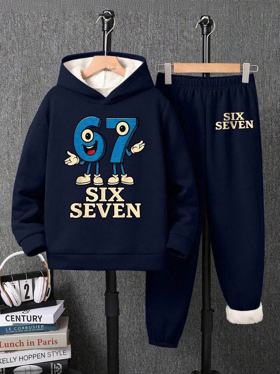 Tween Boy Letter Print Warm Hoodie And Sweatpants - Royal Blue - View 1