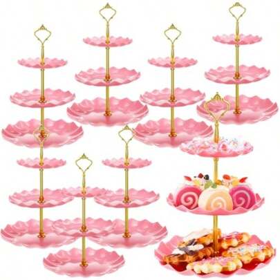 8 Packs 3 Tier Cupcake Stand Holder Plastic Cake Serving Display Stand Tower Donuts Cookie Dessert Tray Holder Wave Shape With Gold Rod For Wedding Birthday Baby Shower Tea Party Pink