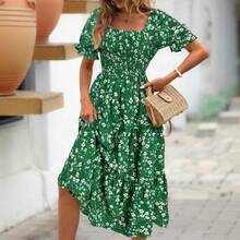 Women's Printed Dress With Square Neck, Fitted Waist And Layered Puff Sleeves, In A Sweet Style. - 綠色 - 查看 3