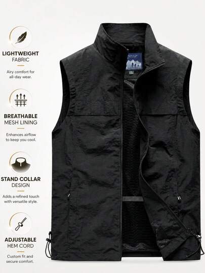Herren Stehkragen ärmellose Weste, Weste Mantel, leichte isolierende Oberbekleidung mit Reißverschluss Taschen Verschluss, bequeme Passform Sport Schwarz