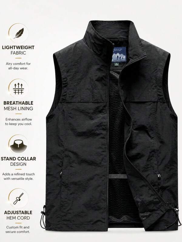 Men's Stand Collar Sleeveless Vest Jacket, Vest Coat, Lightweight Insulating Outerwear With Zipper Pockets Closure, Comfortable Fit Sports
