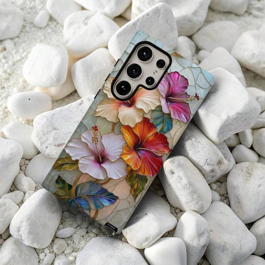 Funda de teléfono floral de vidrio tintado con hibisco: , , Pixel HONOR  OPPO - Multicolor - Ver 1