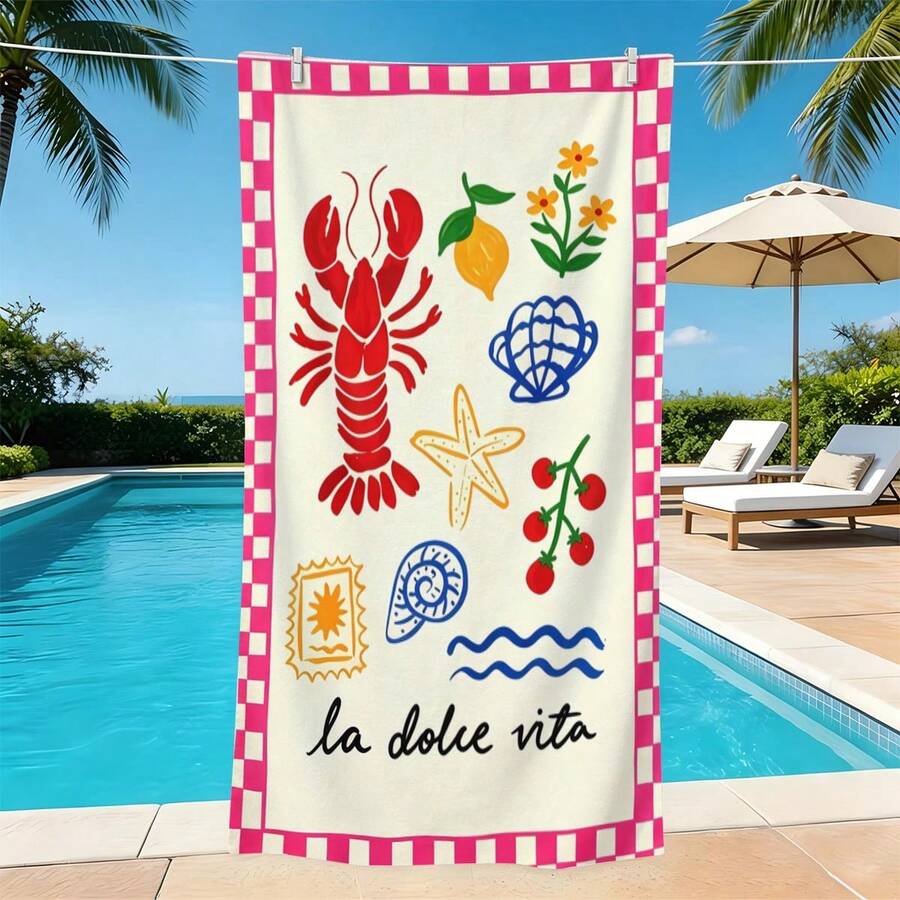 1pc Pink Grid Border Italian Hand-Painted Seafood Microfiber Beach Towel, Multiple Sizes Beach Blanket Sun Protection Towel, Lightweight, Suitable For Swimming, Camping, Sports, Beach Or Gym Beach Accessories | Modern Beach Towel | Durable Beach Mat, Beach Towel - Multicolor - View 1