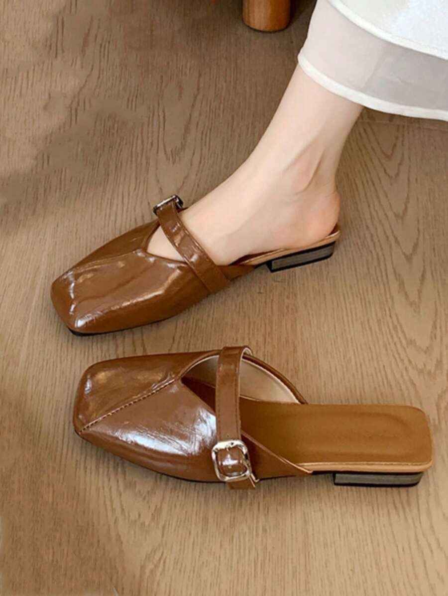 Women's New Summer French Square Toe Flat Slouchy Mule Sandals Half-Slip-On Shoes - Khaki - View 1