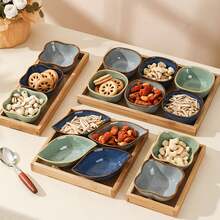 1/3-Piece Wooden Tray, Retro Minimalist Ceramic Snack Plate/Dessert Plate/Tray/Nut Bowl/Condiment Plate/Bone Plate/Vegetable Plate/Fruit Plate - Multicolor - View 11