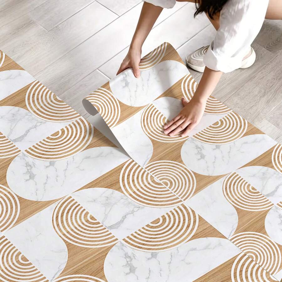 Stiker Lantai Vinyl Tempel dan Lepas 40*120CM, Pola Marmer Kayu Beige, Ubin Lantai Anti Selip Tahan Air yang Dapat Dilepas, Dekorasi Lantai Geometris Minimalis untuk Rumah Sewa, Kamar Tidur, Dapur, Kamar Mandi - Stiker lantai motif kayu - View 1