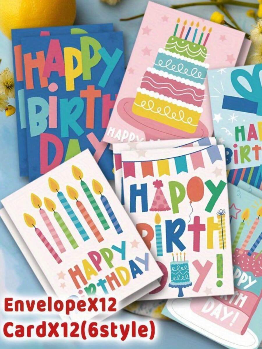 24張趣味可愛生日卡片附信封-6款多用途彩色卡片,適合朋友、家人,可用於感謝、節日、慰問 - 彩色 - 查看 1