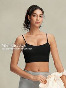 Reggiseno sportivo da donna Tender Angel con spalline sottili, scollo a U e schiena bassa, canotta corta da fitness senza cuciture con imbottitura, comodo reggiseno da yoga in stile minimalista per uso quotidiano e palestra - nero - Visualizzare 4