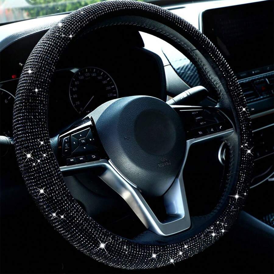1pc Car Accessories Black/Silver Car Steering Wheel Cover, Rhinestone Car Steering Wheel Cover Without Inner Ring, Car Diamond Elastic Steering Wheel Cover, Full Rhinestone Car Steering Wheel Cover - One Size Fits All - View 1