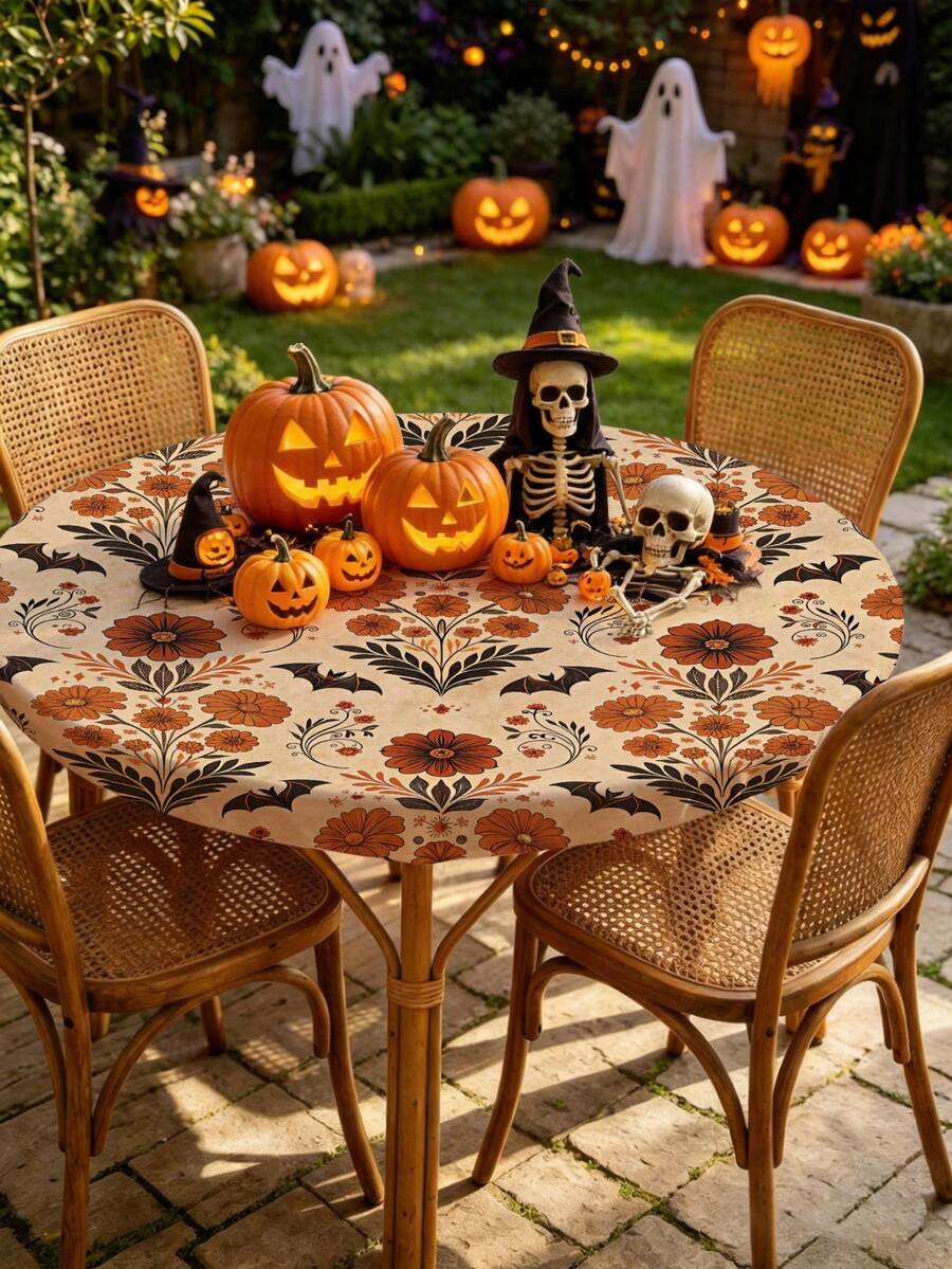 1 Stück Halloween Vintage Blumen Fledermaus Milchseide Polyester elastische Tischdecke, waschbare Esszimmertischdecke für Zuhause, Esszimmer, Wohnzimmer, Küchendekoration, geeignet für Jahrestag, Geburtstagsgeschenk und andere Anlässe - Verschiedenfarbig - Übersicht 1