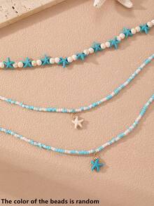 3pcs/Set Girls Blue Ocean Theme Seed Bead Starfish Necklace Set, Suitable For Vacation Decor, Daily Wear - Baby Blue - View 4