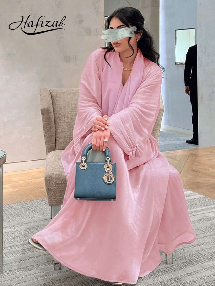 Bata larga elegante y modesta para mujer, unicolor rosa, para ir al trabajo