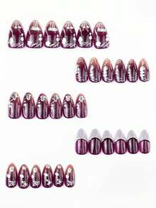 10 Peças Unhas Postiças Médias-Longas em Formato de Amêndoa, Roxas, Banhadas a Ouro, Decoradas com Flores e Strass Feitas à Mão, Estilo Francês Prateado, Arte de Unhas, Adequadas para Meninas em Férias de Verão, Uso Diário, Passeios, Festas de Feriados, Reuniões de Aniversário e Outras Ocasiões, Removíveis e Reutilizáveis - Multicolorido - Visão 3
