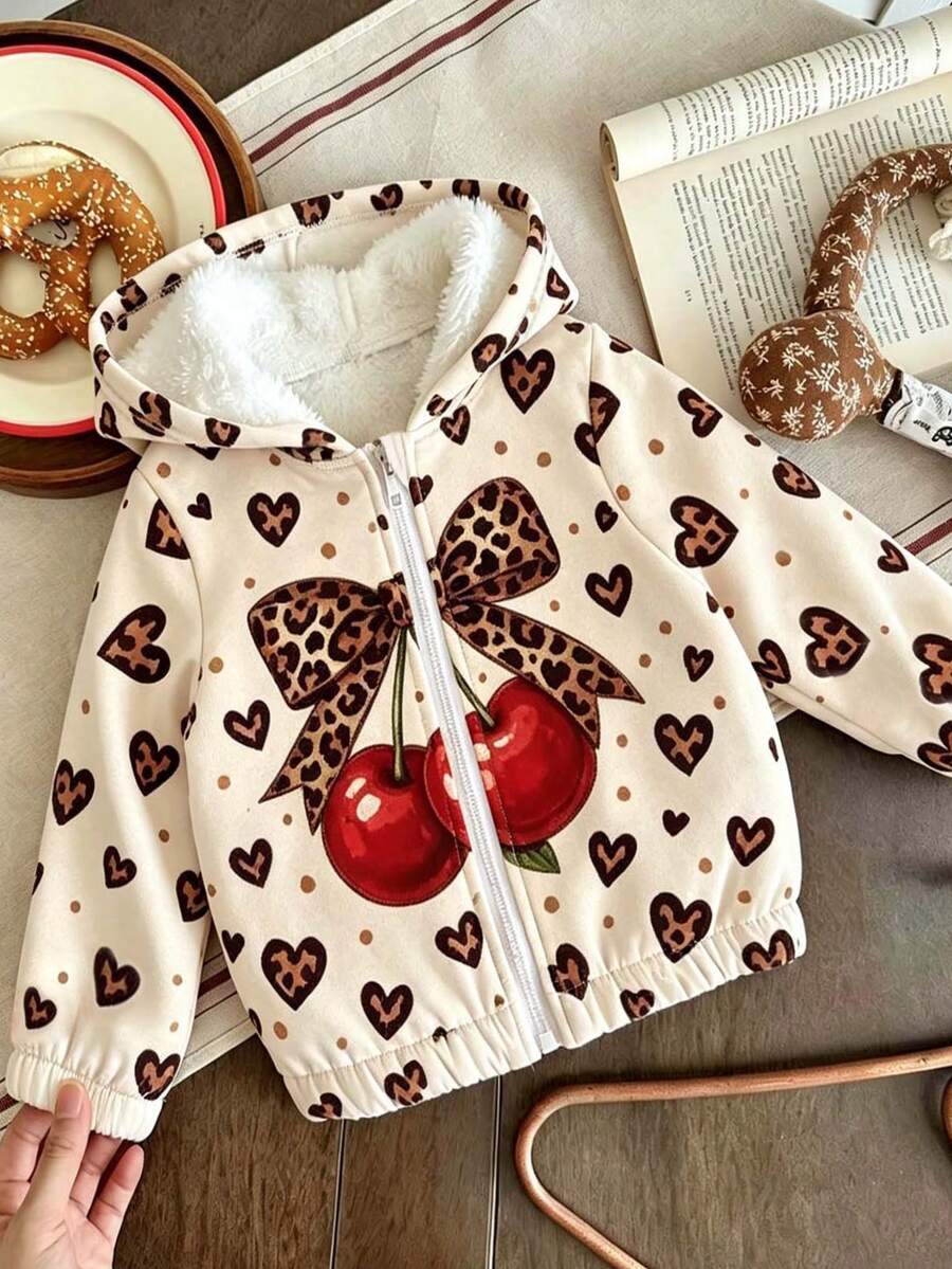 Tween Girl Bow & Cherry Pattern Hooded Zip-Up Casual Everyday Long Sleeve Jacket - Apricot - View 1
