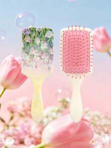 1pc Tulip Pattern Detangling Hair Brush,Paddle Detangler Hair Brush,Large Size Square Air Cushion Comb With Handle,Detangling Hairbrush, Detangler Hair Brush For All Hair Types, Detangling Hairbrush Glides Through Tangles For Wet, Dry & Damaged Hair - Apricot - View 6