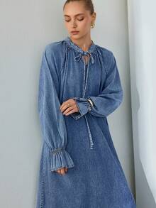 100% Cotton Women's Tie Neck Denim Maxi Dress, Ruffle Cuff Long Sleeve Loose A-Line Style - Blue - View 8