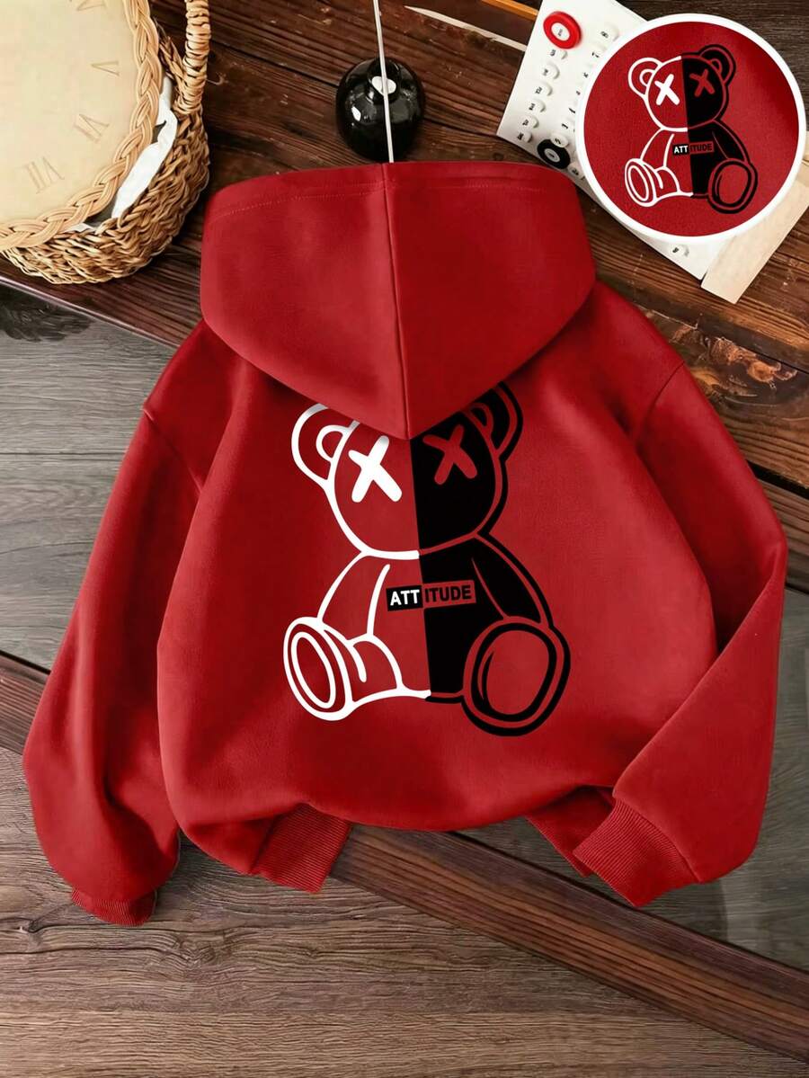 Tween Boy Cartoon Pattern Warm Sweatshirt - Red - View 1