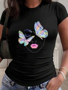 Slim Fit, Butterfly Print Design Surrounding A Woman's Face - 2 Styles - Women's Casual Fashion Sportswear, Solid Color Details With Waist Pleats, Pul - White - View 7
