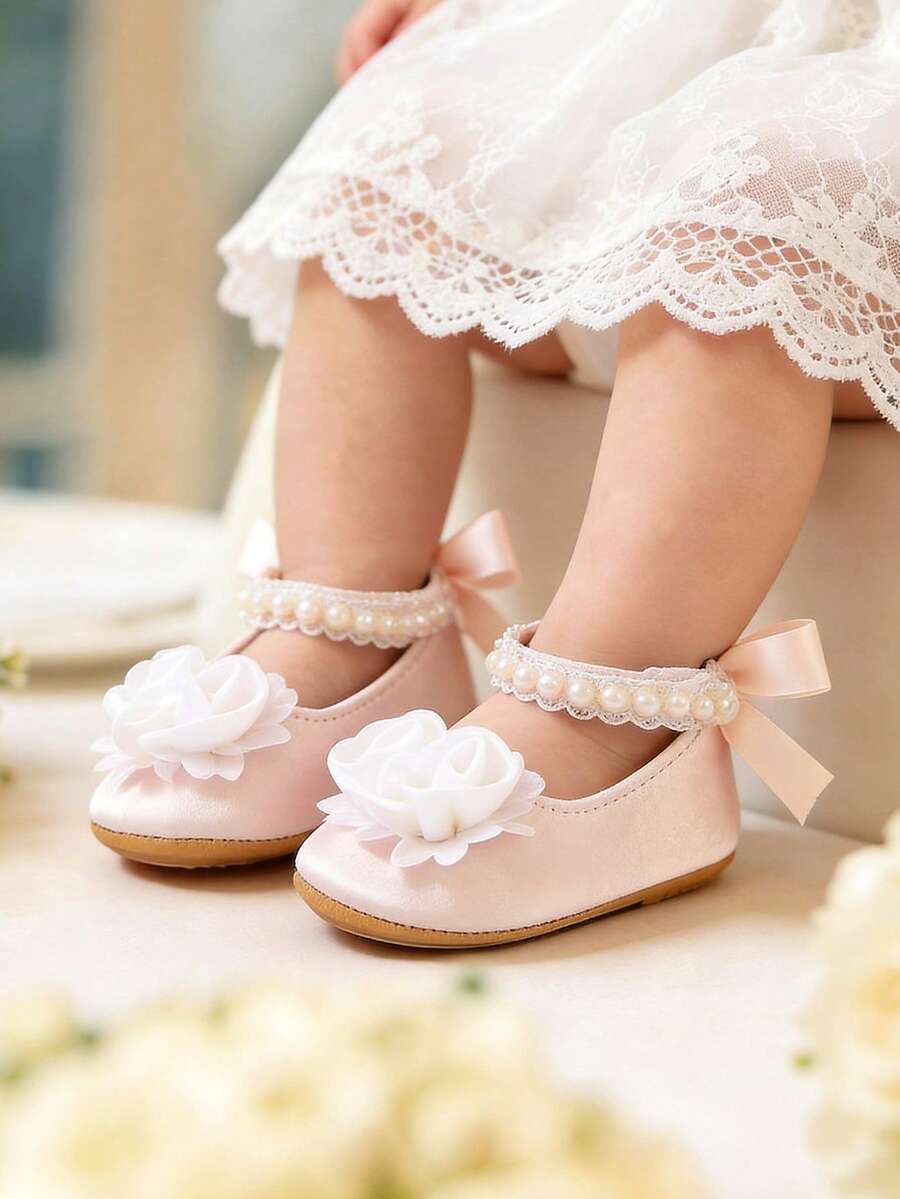 女嬰新款瑪麗珍平底鞋 蝴蝶結裝飾 防滑軟底 PU皮革 新生兒幼兒學步鞋 正裝鞋 珍珠緞面絲帶
