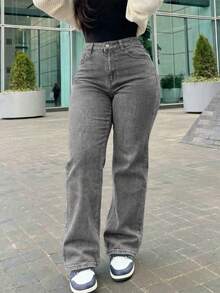 Women's Vintage-Style Wide-Leg Straight-Leg Jeans, Casual For Spring - رمادي فاتح 2 - مشاهدة 1