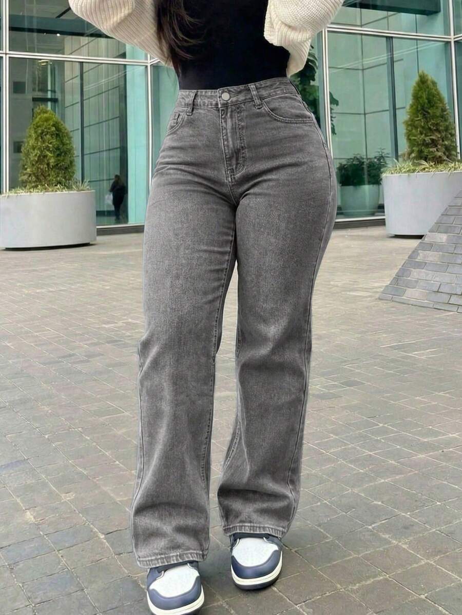 Women's Vintage-Style Wide-Leg Straight-Leg Jeans, Casual For Spring - رمادي فاتح 2 - مشاهدة 1