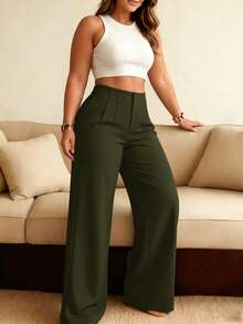 HOMEYEE Plus Size Women's Solid Color Casual Versatile Wide Leg Pants For Daily Wear - Army Green - View 5