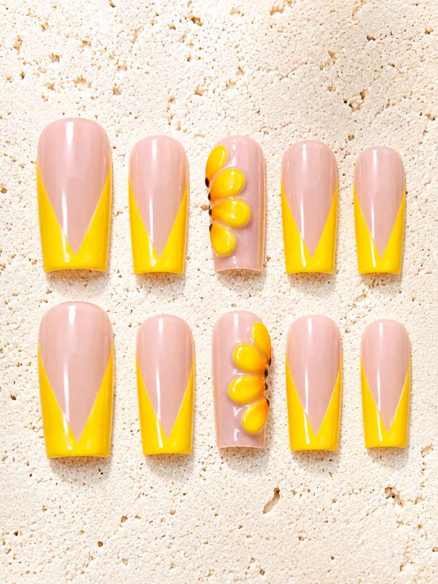 10pcs Handmade Press-On Nails Summer Y2K Nail Art Set, Long Square Acrylic Fake Nails, Bright Yellow V-Shaped French Tip 3D Flower Nail Art, Glossy Tropical Style Press-On Nails, Suitable For Beach Vacation Party