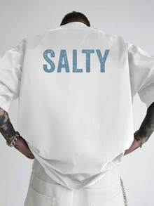 1 Pcs Men's Loose Drop Shoulder Cotton T-Shirt, Retro Blue SALTY Letter Dual-Sided Graphic Top,  Daily Casual Outfit - White - View 2