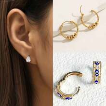 6pcs/Set European & American Niche Vintage Style Gold-Plated Water Drop Zirconia Metal Bead Evil Eye Multi-Style Combination Earrings For Women Music Festival Party Street Fashion - Multicolor - View 11