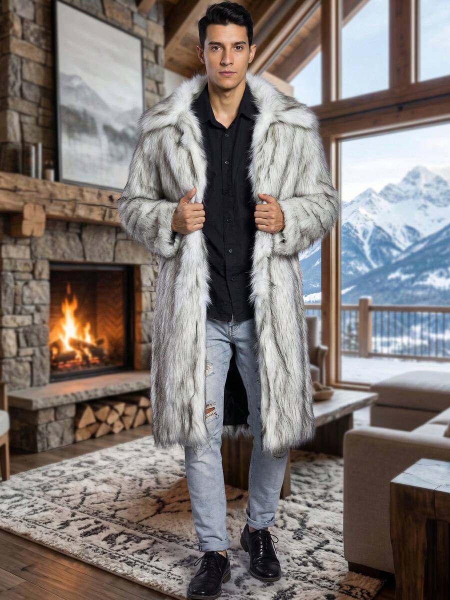 Men Open Front Longline Fuzzy Coat - Light Grey - View 1