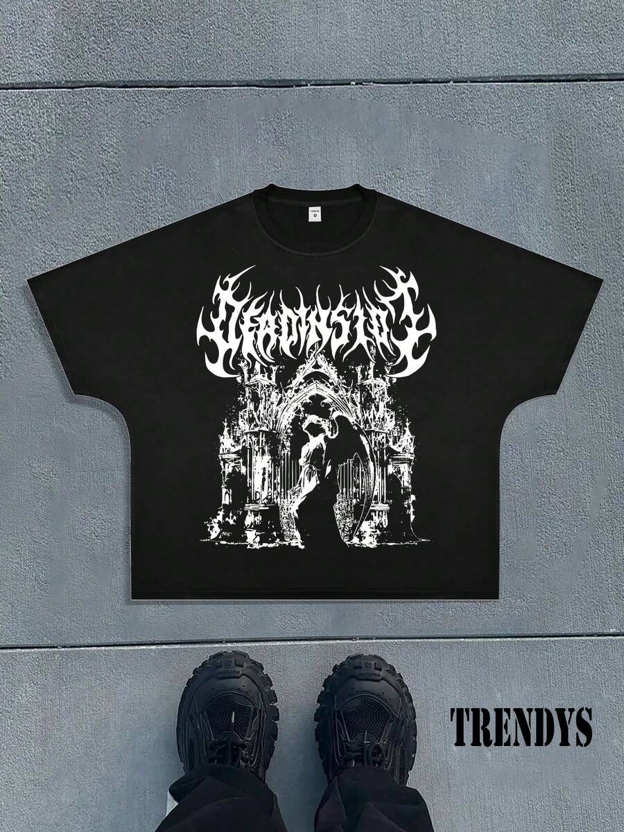 Camiseta de Manga Corta Estilo-Hop Oscuro con Estampado Urbano para Hombres - Negro - Ver 1