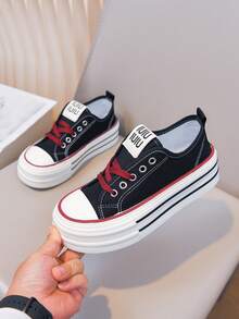 1 Pair 2026 New Thick Sole Canvas Shoes For Girl, Black & Red Color Block Platform Sneakers, Versatile Breathable Casual Skate Shoes For Girls - Burgundy - View 7