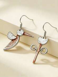 1 Pair Vintage Bohemian Style Cute Bird & Tulip Flower Asymmetric Design Pendant Earrings, Personalized Versatile Jewelry Gift For Women's Daily Wear, Dating And Travel - Antique Silver - View 3
