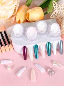 4 Jars Aurora Magic Mirror Nail Powder Set Ultra Fine Iridescent Mermaid Pearlescent Translucent Shimmer Glitter Dust For Nails DIY Manicure Home Salon Nail Art Decoration Supplies,Equipped With Smudge Tool (0.5g/Bottle) - Multicolor - View 4
